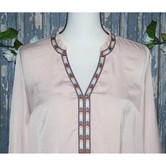 Democracy Pink Blouse Top Size S Embroidered Peek a Boo Long Sleeve Ruffle Colla - Picture 2 of 9